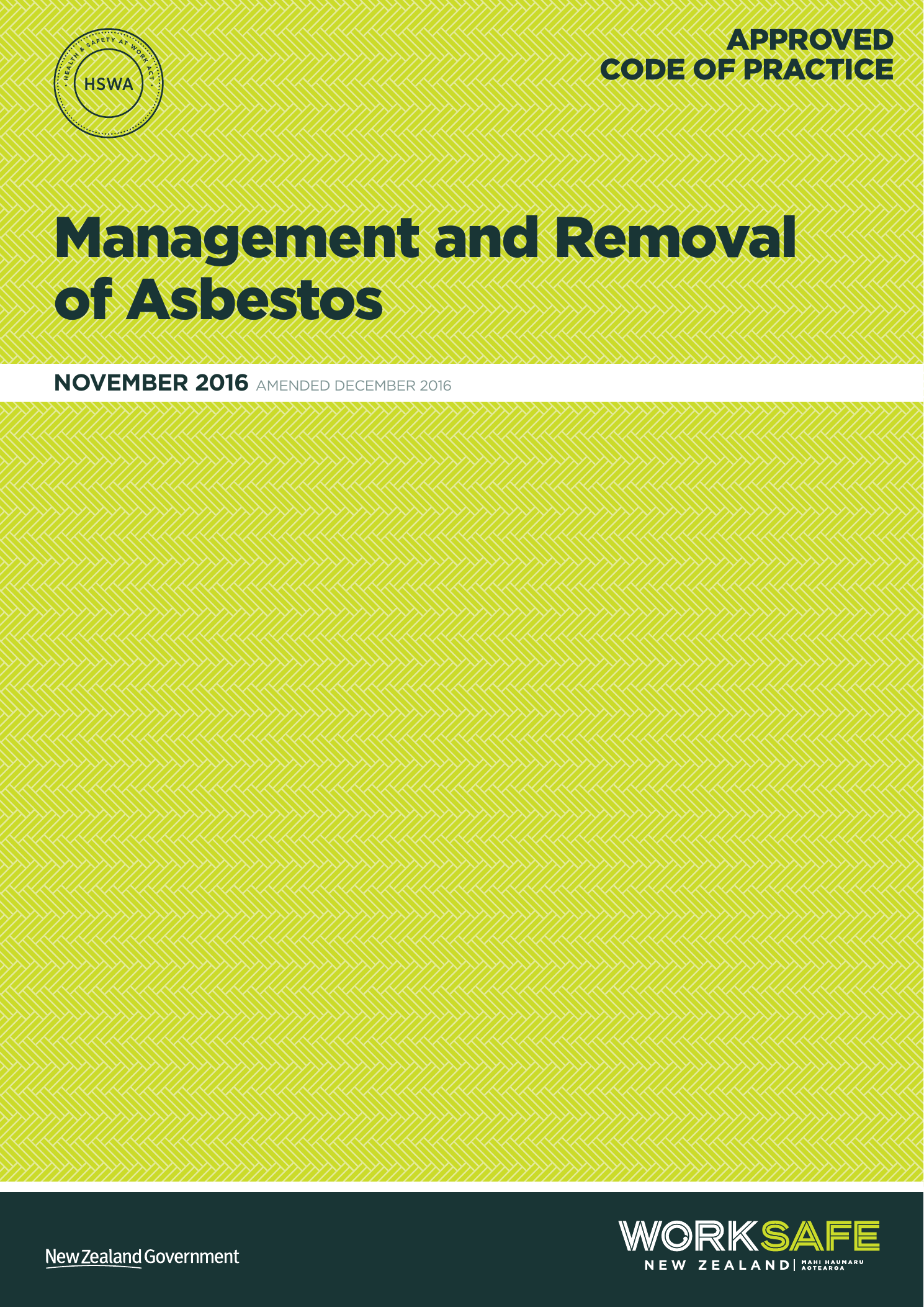 Cover of WorkSafe New Zealand's Management and Removal of Asbestos Approved Code of Practice, November 2016 amended December 2016